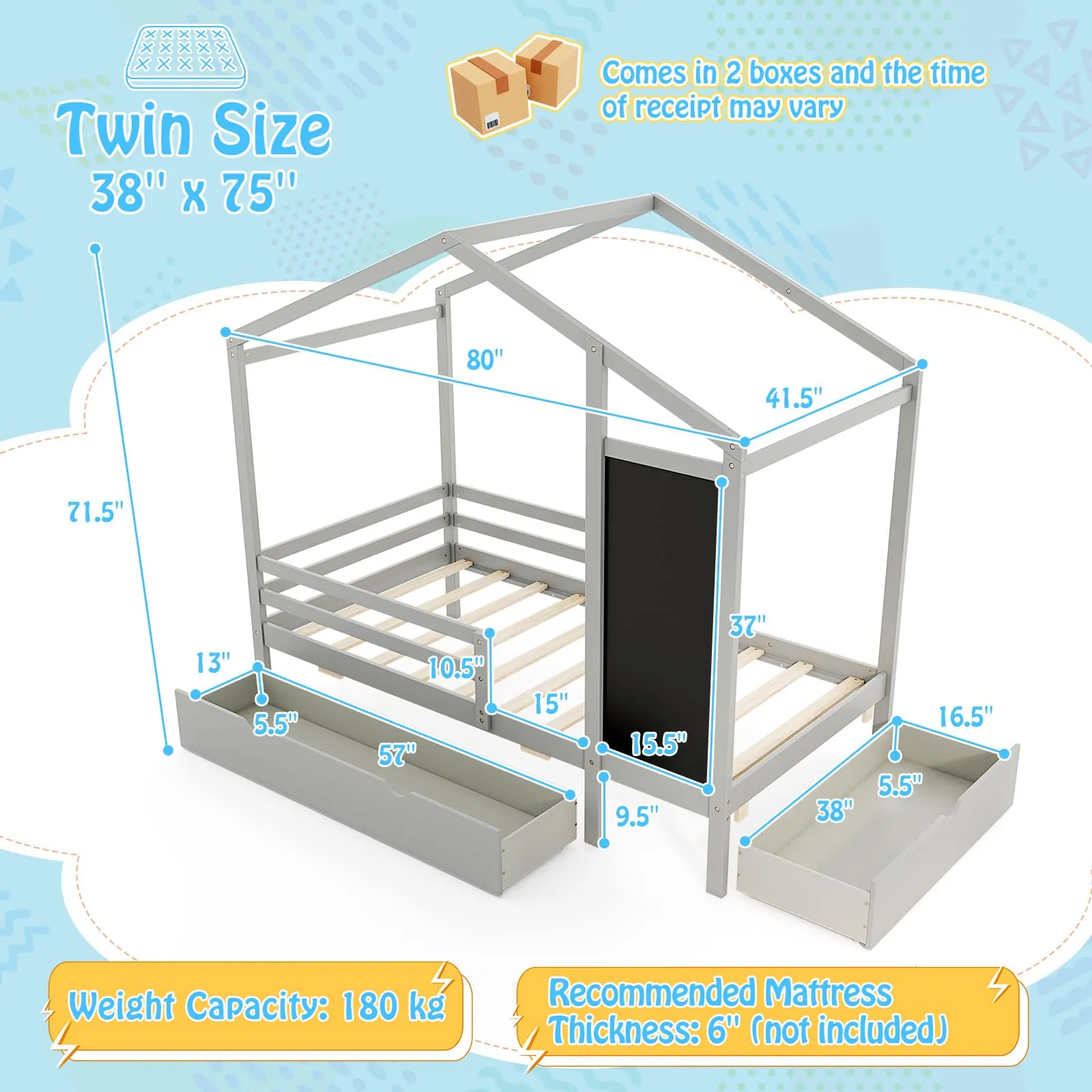 Giantex Twin Bed with 2 Storage Drawers, Solid Wood House Bed with Blackboard & Safety Guardrails