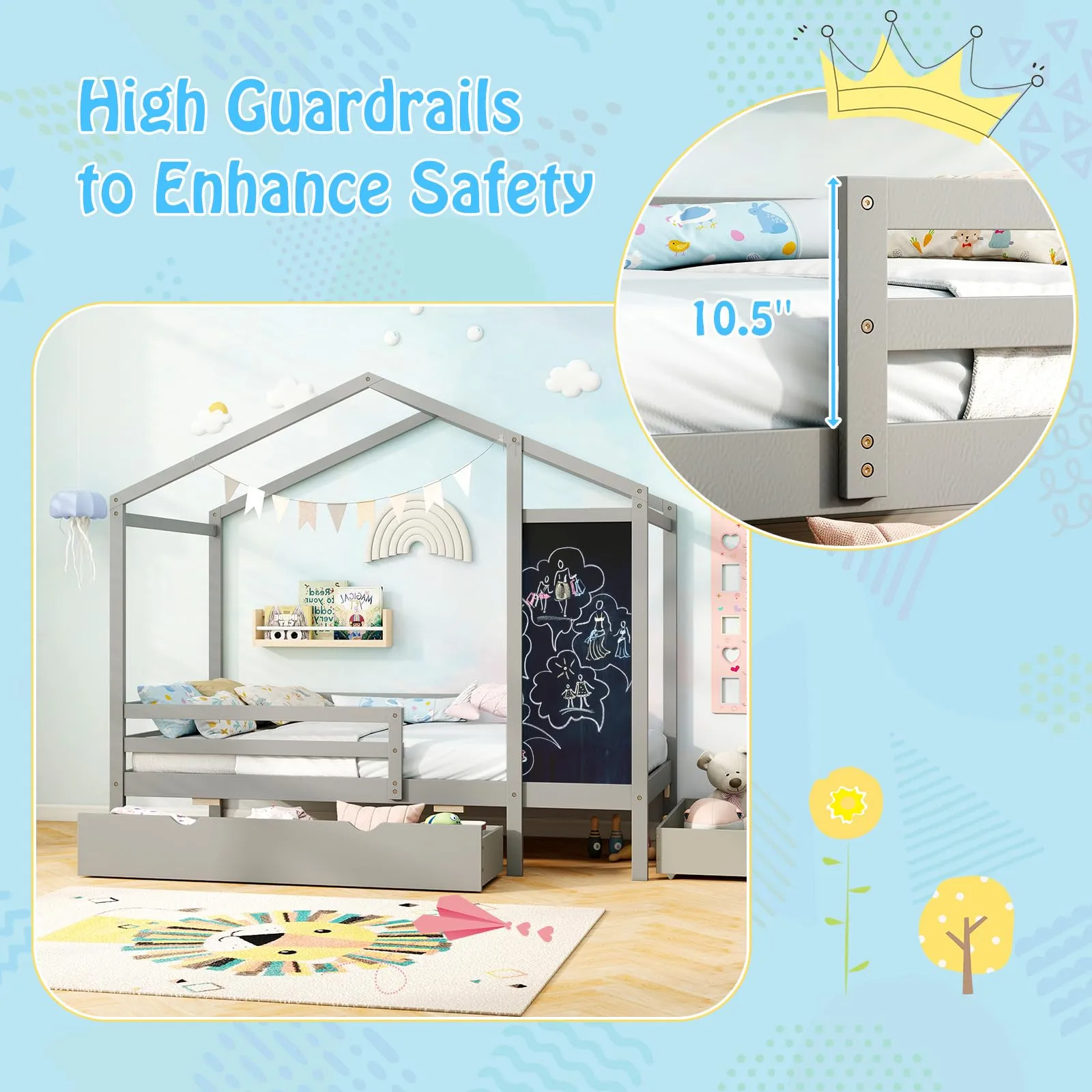 Giantex Twin Bed with 2 Storage Drawers, Solid Wood House Bed with Blackboard & Safety Guardrails