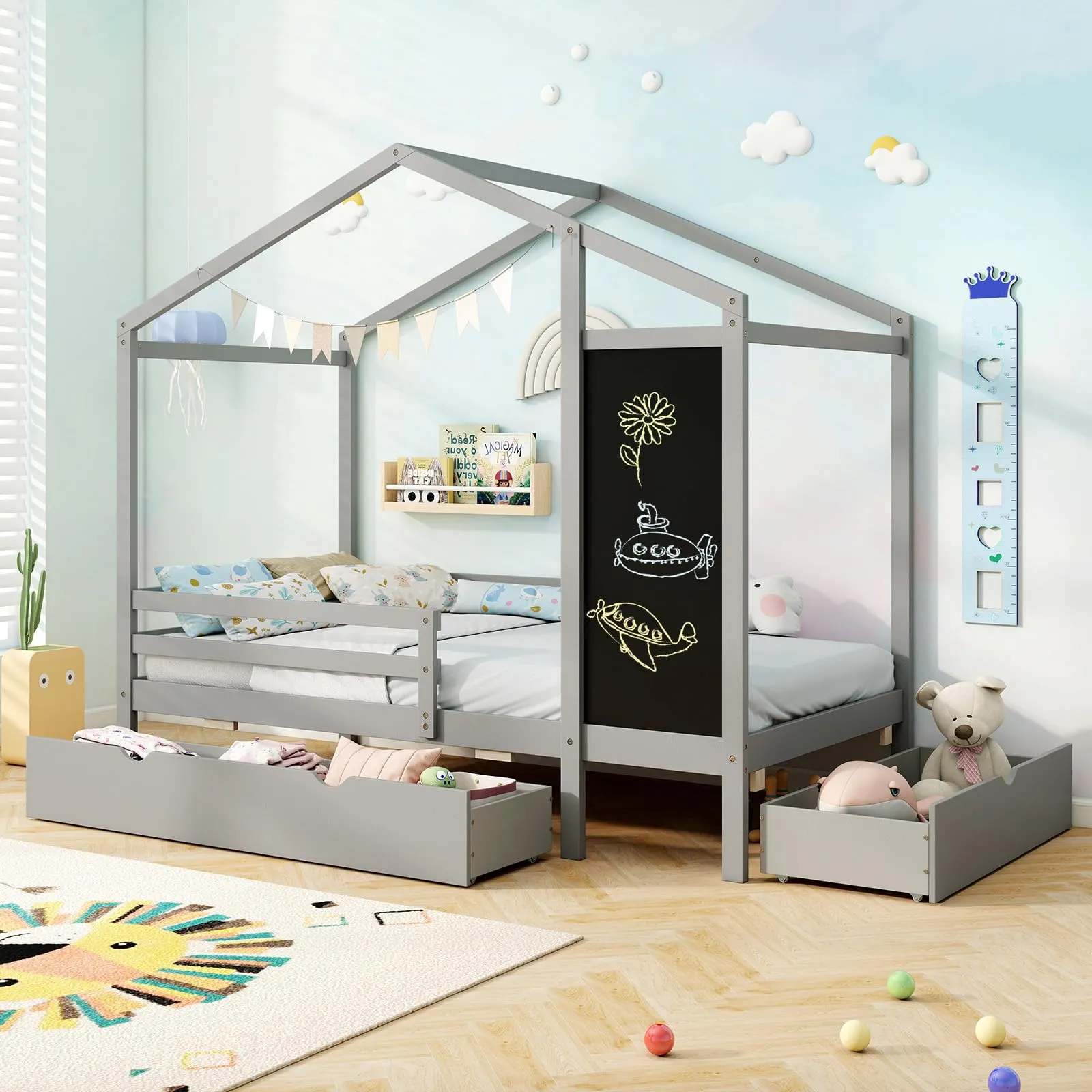 Giantex Twin Bed with 2 Storage Drawers, Solid Wood House Bed with Blackboard & Safety Guardrails bed frame, queen bed