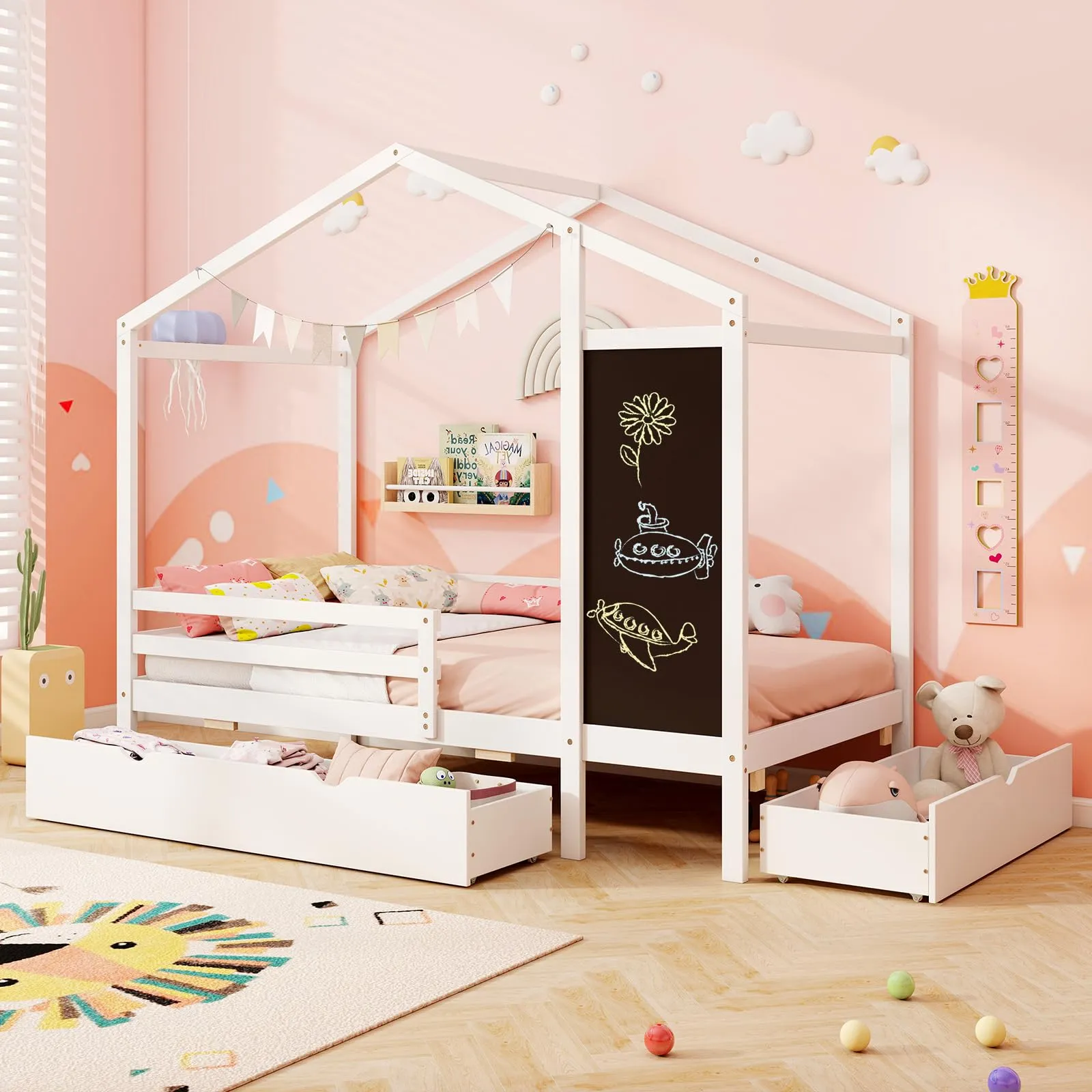 Giantex Twin Bed with 2 Storage Drawers, Solid Wood House Bed with Blackboard & Safety Guardrails