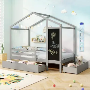 Giantex Twin Bed with 2 Storage Drawers, Solid Wood House Bed with Blackboard & Safety Guardrails bed frame, queen bed