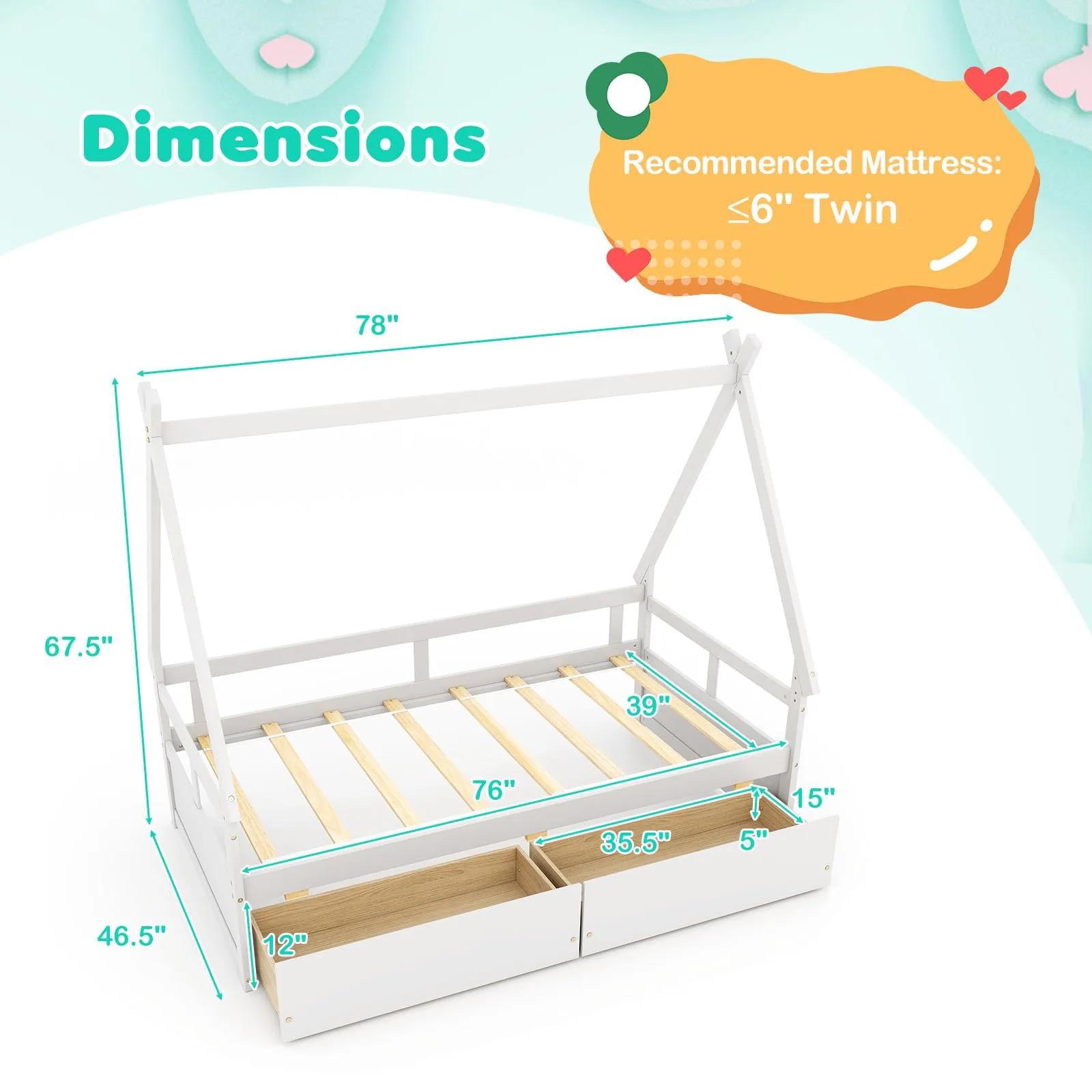 Giantex Twin Bed with 2 Storage Drawers, Wood Montessori House Tent Bed Frame with Safety Guardrail