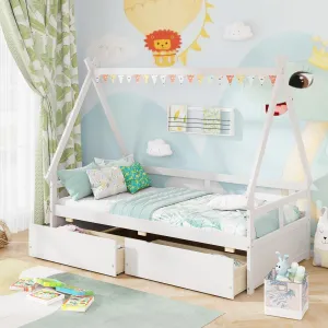 Giantex Twin Bed with 2 Storage Drawers, Wood Montessori House Tent Bed Frame with Safety Guardrail bed frame, queen bed