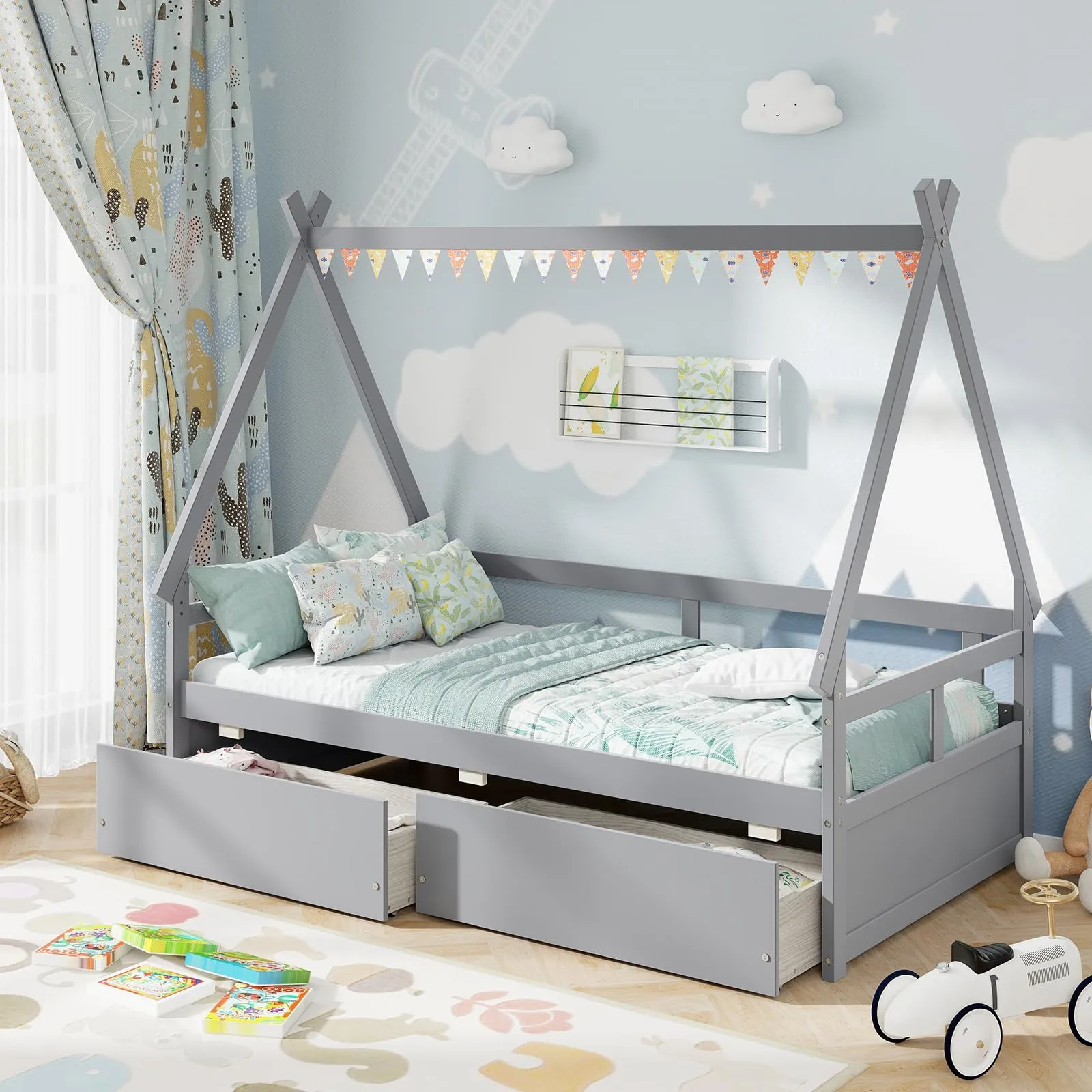 Giantex Twin Bed with 2 Storage Drawers, Wood Montessori House Tent Bed Frame with Safety Guardrail