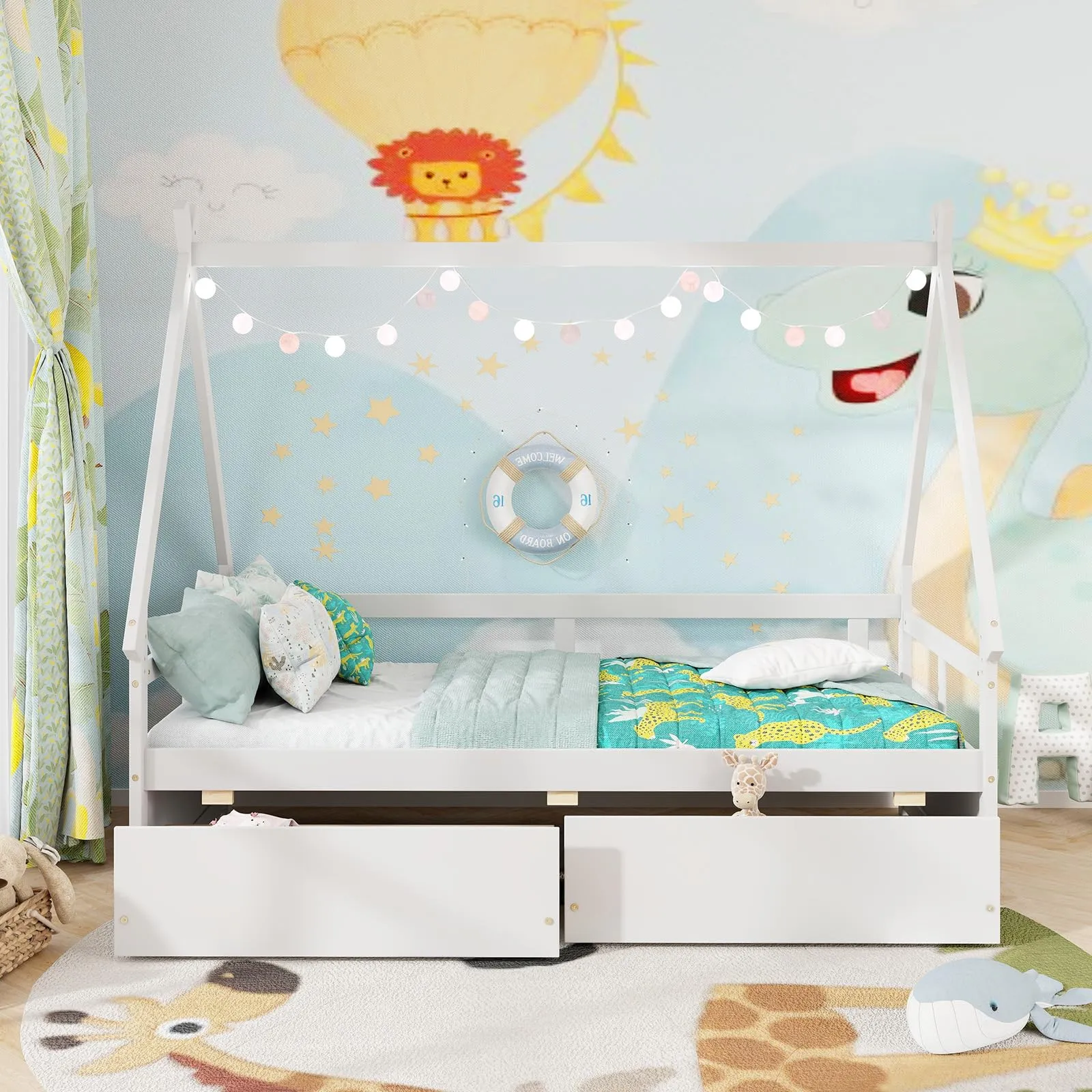 Giantex Twin Bed with 2 Storage Drawers, Wood Montessori House Tent Bed Frame with Safety Guardrail