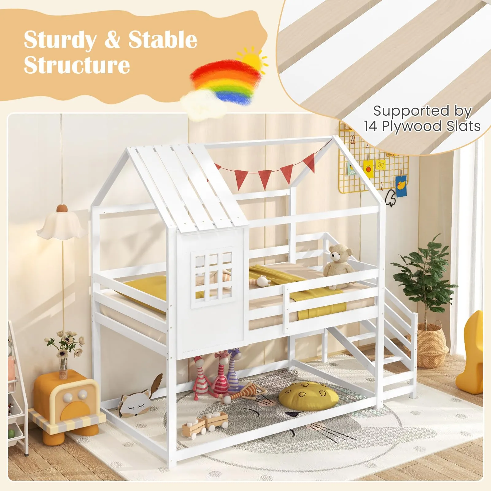 Giantex Twin Bunk Beds with Stairs, Floor House Bed with Roof & Window