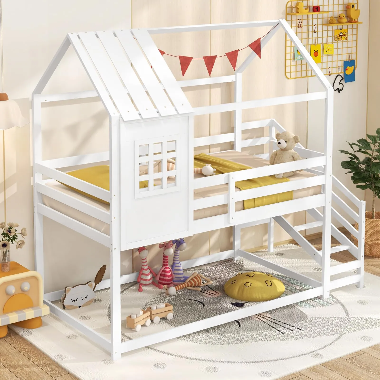 Giantex Twin Bunk Beds with Stairs, Floor House Bed with Roof & Window