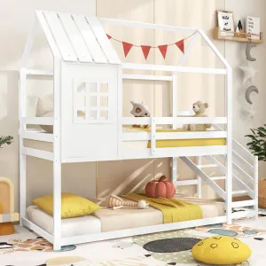 Giantex Twin Bunk Beds with Stairs, Floor House Bed with Roof & Window bed frame, queen bed