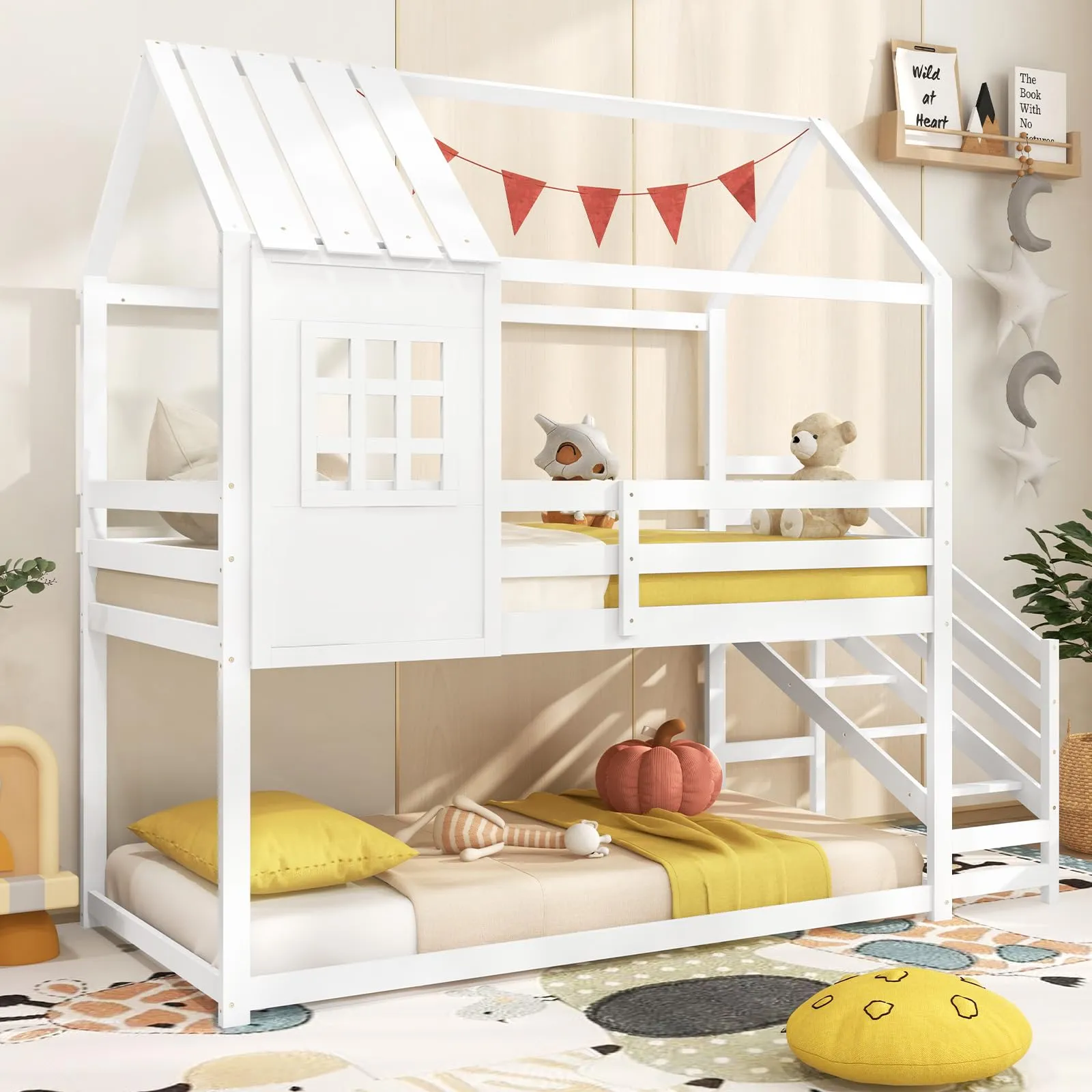 Giantex Twin Bunk Beds with Stairs, Floor House Bed with Roof & Window bed frame, queen bed