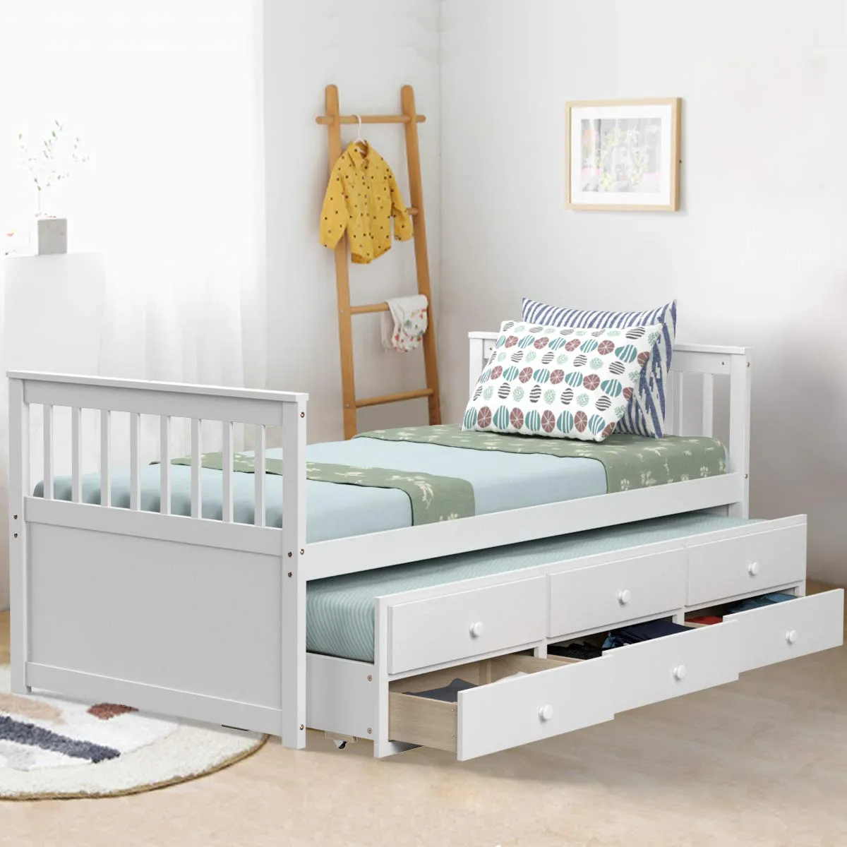 Giantex Twin Captain's Bed with Trundle Bed, Wood Storage Daybed with 3 Storage Drawers