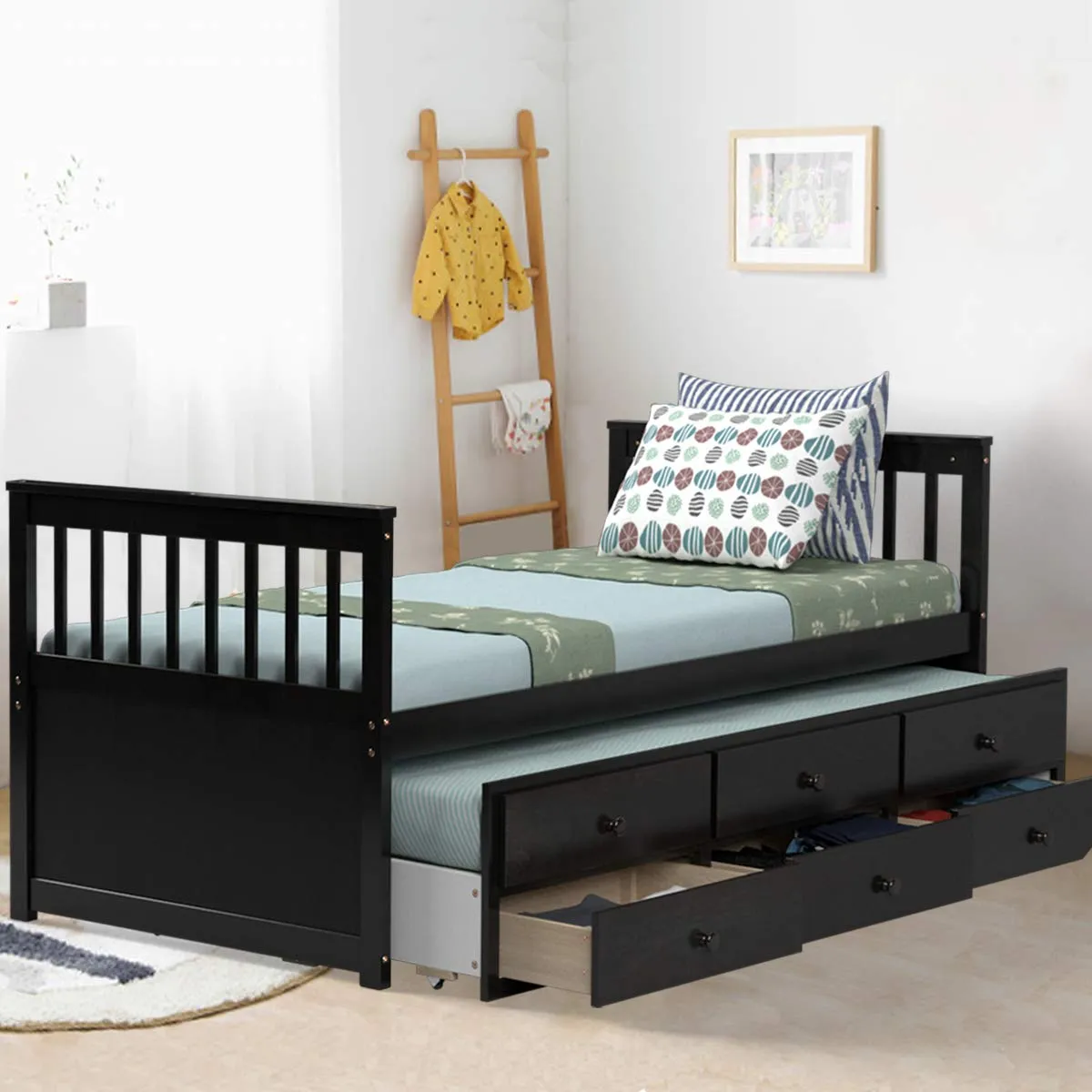 Giantex Twin Captain's Bed with Trundle Bed, Wood Storage Daybed with 3 Storage Drawers