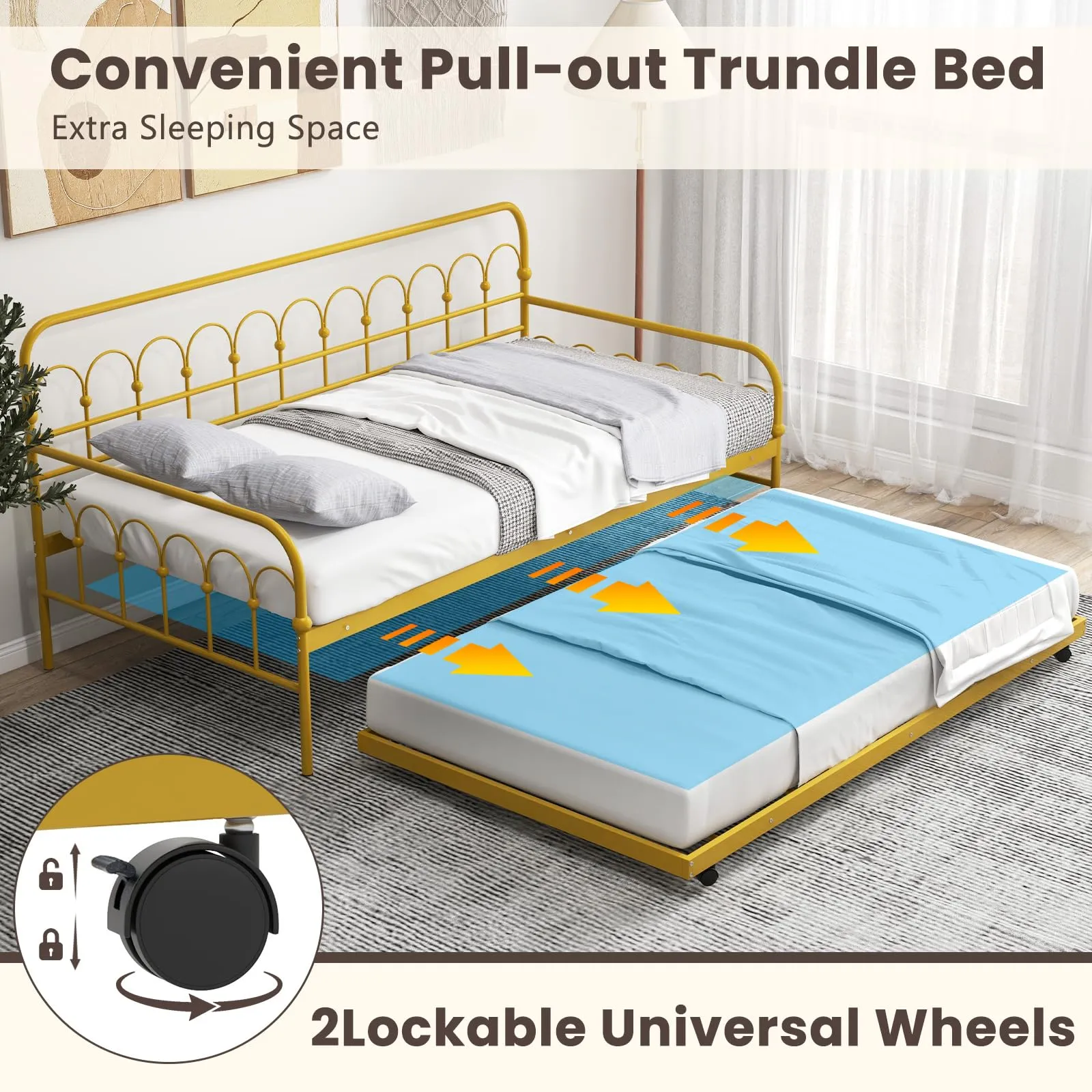 Giantex Twin Daybed with Trundle Gold, Metal Day Bed with Convenient Pull-Out Trundle Bed
