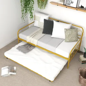 Giantex Twin Daybed with Trundle Gold, Metal Day Bed with Convenient Pull-Out Trundle Bed bed frame, queen bed