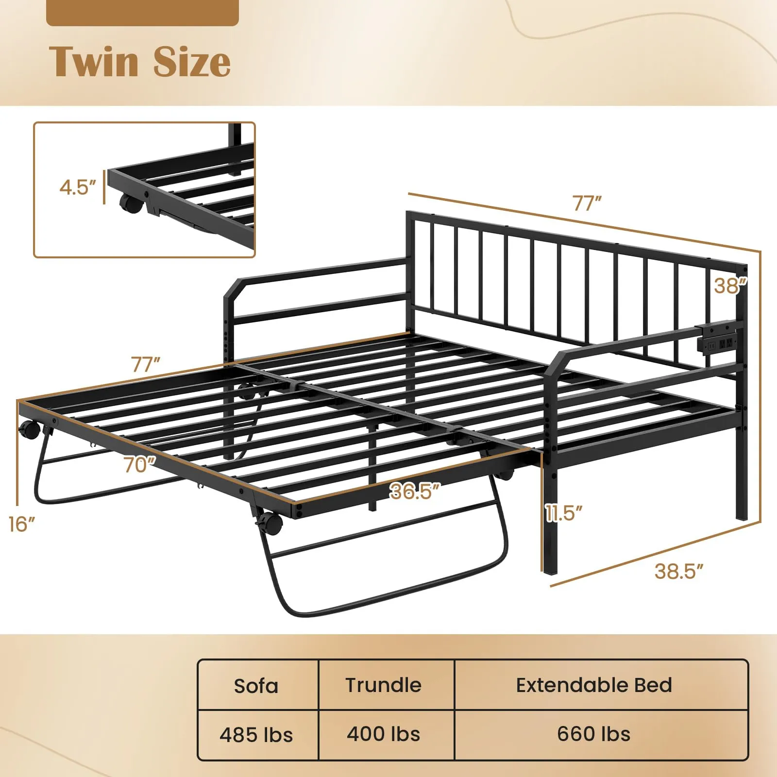 Giantex Twin Daybed with Trundle, Twin Bed Frame with Charging Station & LED Lights, Metal Trundle Bed Twin w/Steel Slats Support