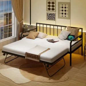 Giantex Twin Daybed with Trundle, Twin Bed Frame with Charging Station & LED Lights, Metal Trundle Bed Twin w/Steel Slats Support bed frame, queen bed