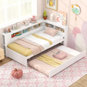 Giantex Twin Daybed with Trundle, Wood Twin Bed Frames with Storage Headboard, Reversible Bookcase bed frame, queen bed