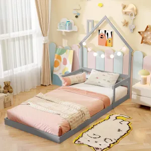 Giantex Twin Floor Bed for Kids, Wood Montessori Floor Bed with Chimney Headboard & Handrail bed frame, queen bed