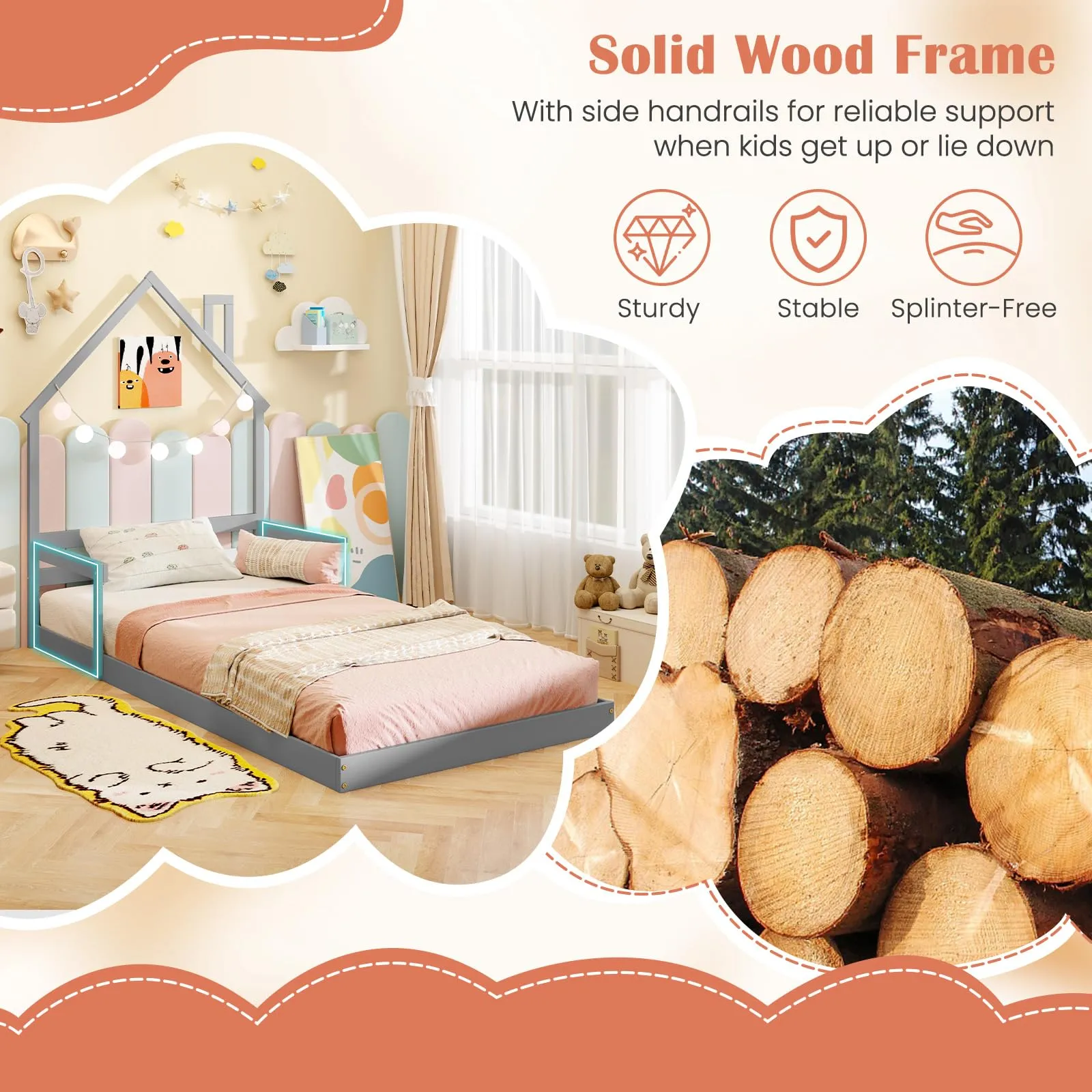 Giantex Twin Floor Bed for Kids, Wood Montessori Floor Bed with Chimney Headboard & Handrail