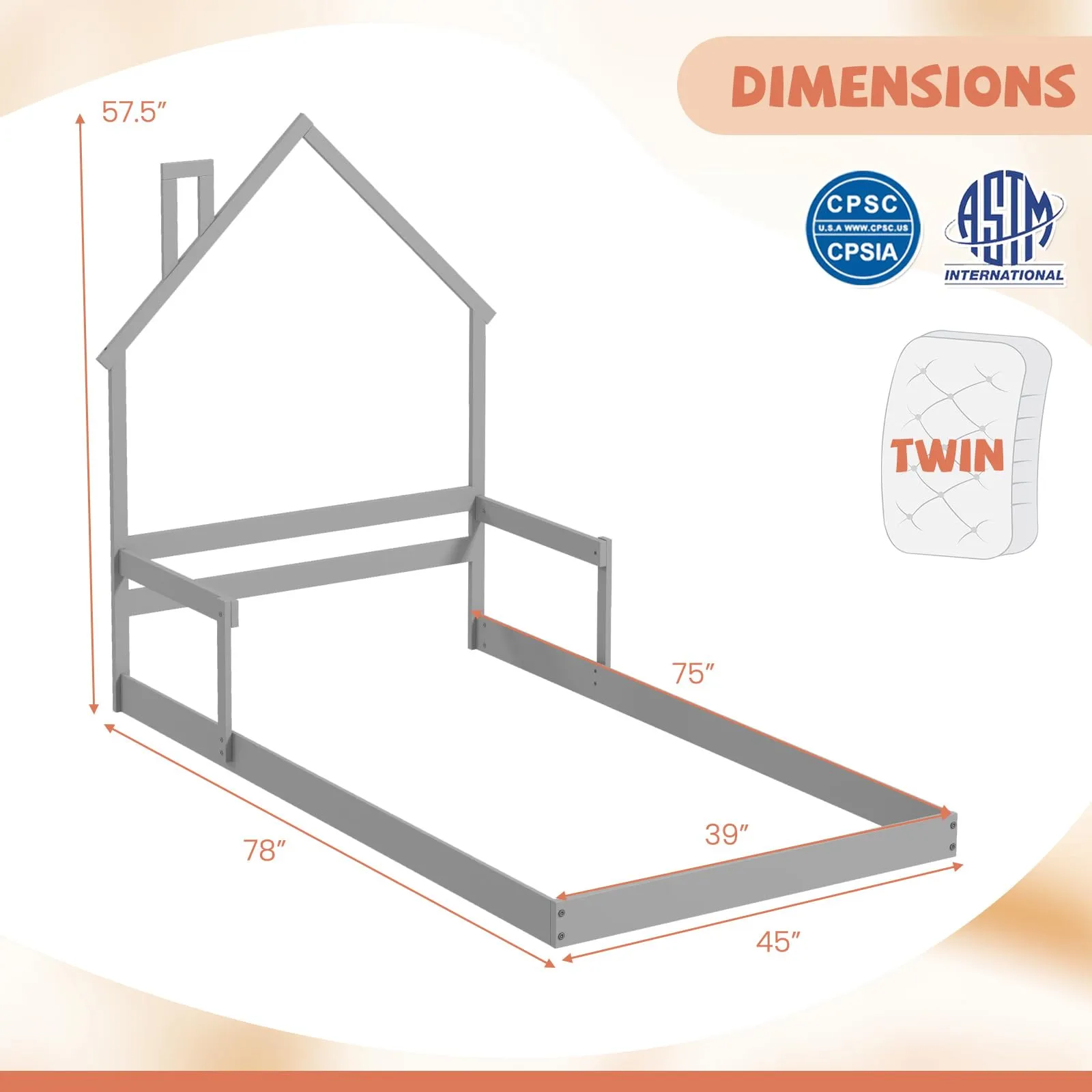Giantex Twin Floor Bed for Kids, Wood Montessori Floor Bed with Chimney Headboard & Handrail