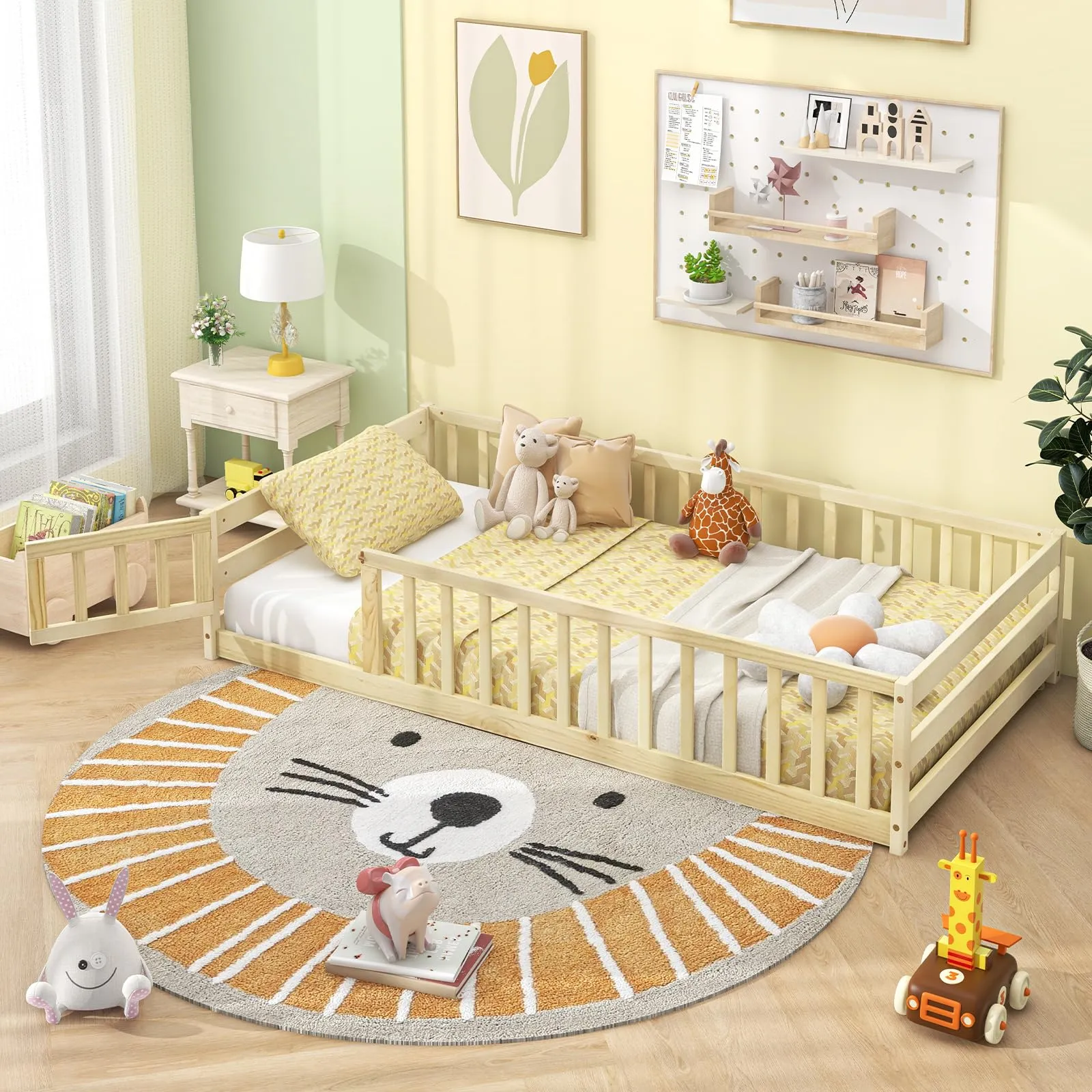 Giantex Twin Floor Bed with Door & Fence, Kids Wood Montessori Bed with Safety Guardrails