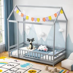 Giantex Twin Floor Bed with Fence, Wood Montessori Bed with Safety Guardrails and 80.5" High Roof Design bed frame, queen bed