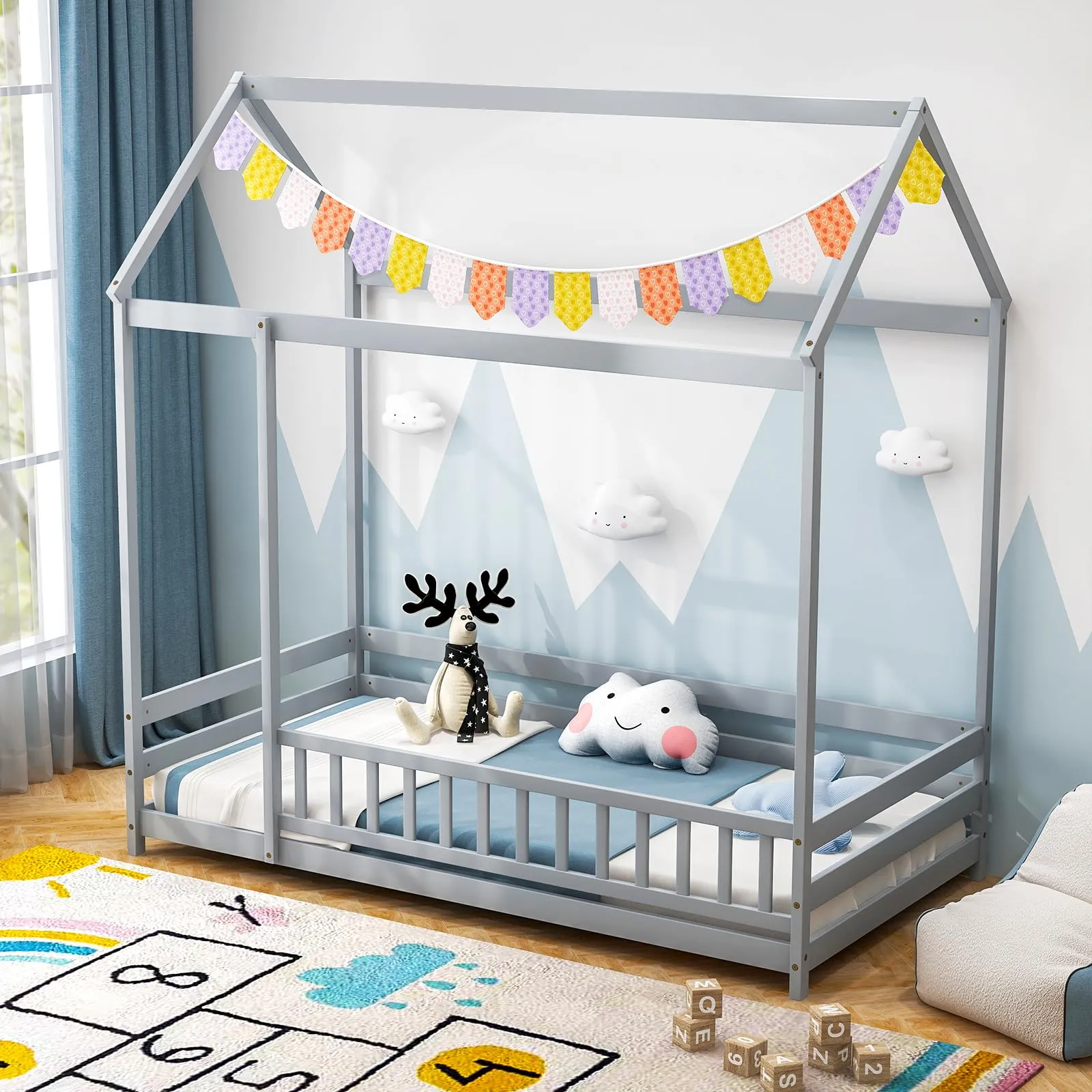 Giantex Twin Floor Bed with Fence, Wood Montessori Bed with Safety Guardrails and 80.5" High Roof Design bed frame, queen bed