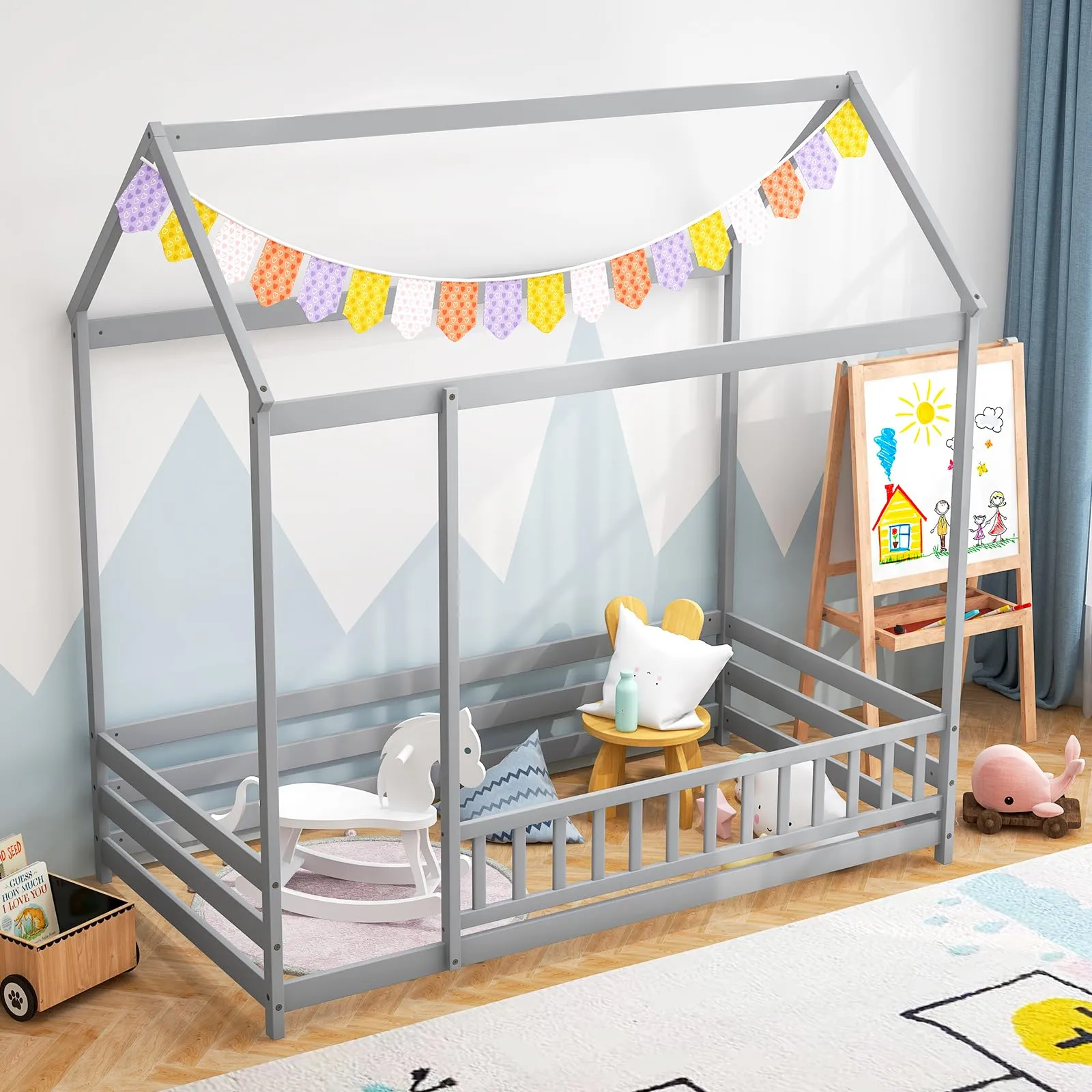 Giantex Twin Floor Bed with Fence, Wood Montessori Bed with Safety Guardrails and 80.5" High Roof Design