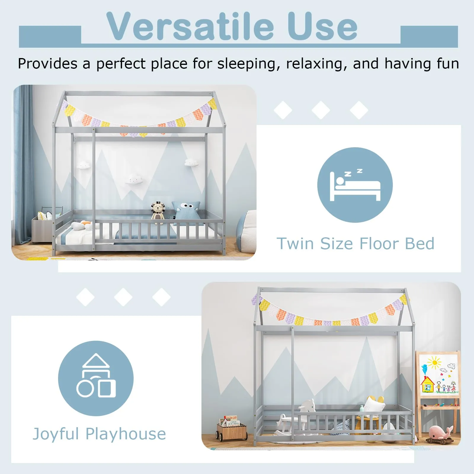 Giantex Twin Floor Bed with Fence, Wood Montessori Bed with Safety Guardrails and 80.5" High Roof Design