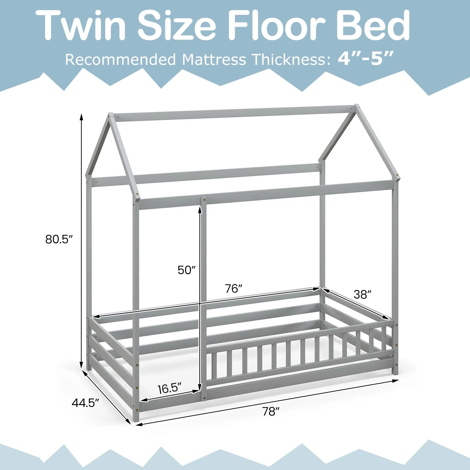 Giantex Twin Floor Bed with Fence, Wood Montessori Bed with Safety Guardrails and 80.5" High Roof Design