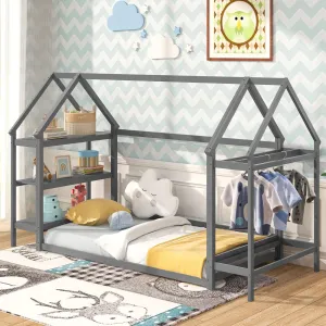 Giantex Twin Floor Bed, Wood Montessori Floor Bed with Detachable 3 Tier Storage Bookshelf & Clothes Rack bed frame, queen bed