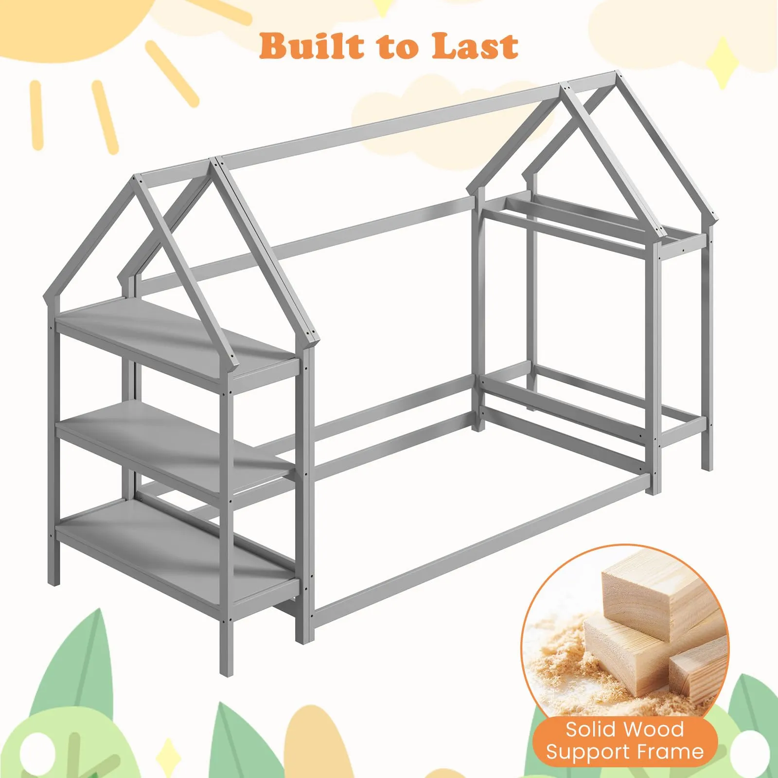 Giantex Twin Floor Bed, Wood Montessori Floor Bed with Detachable 3 Tier Storage Bookshelf & Clothes Rack