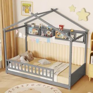 Giantex Twin Floor House Bed with Storage Shelf, Wood Twin Bed Frames with Headboard & Guardrail bed frame, queen bed