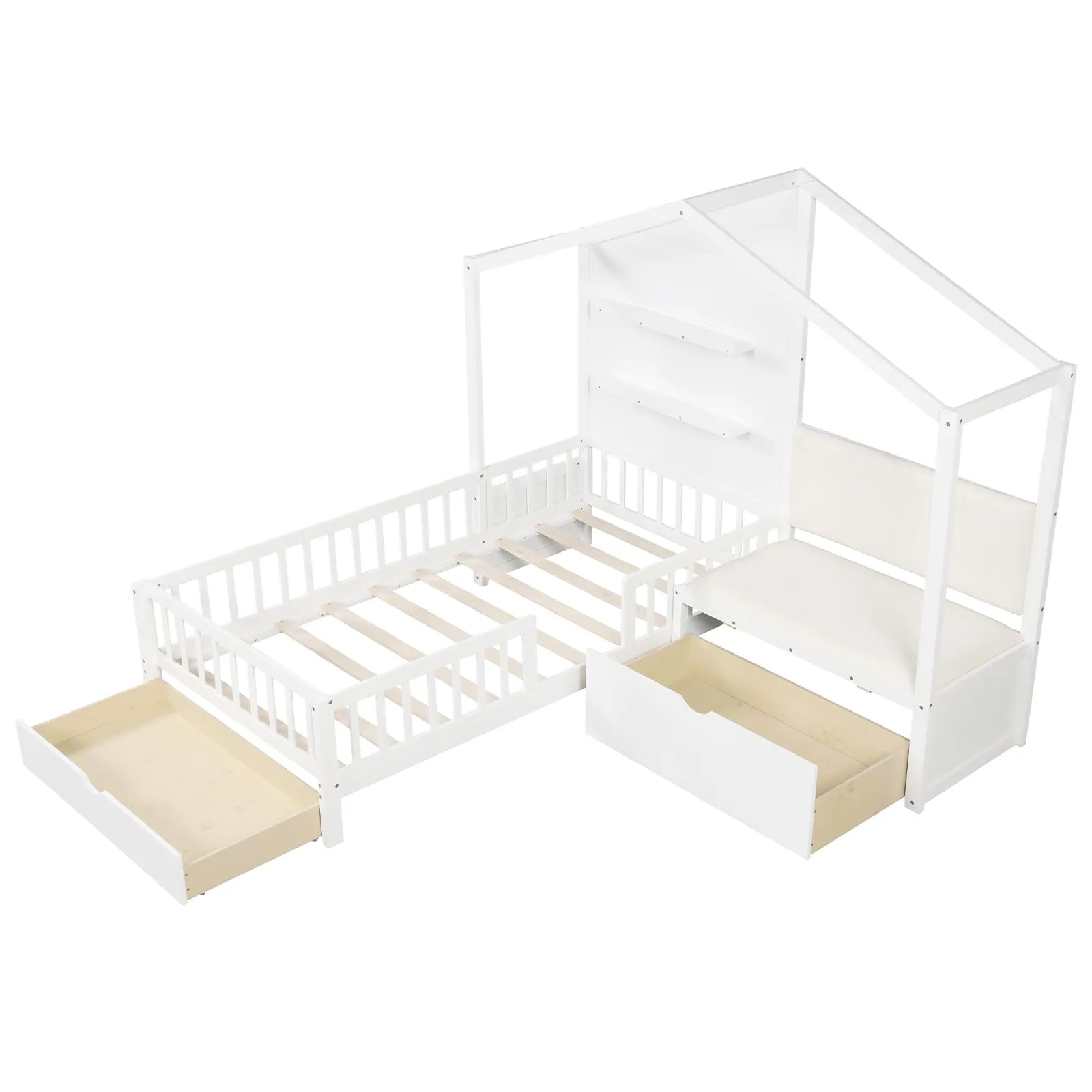 Giantex Twin House Bed for Kids, Wooden Kids Twin Bed Frame with Padded Bench bed frame, queen bed