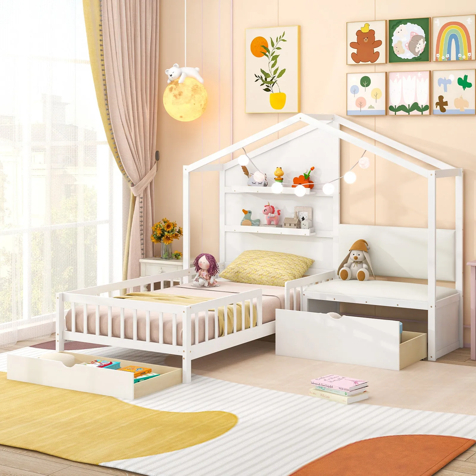 Giantex Twin House Bed for Kids, Wooden Kids Twin Bed Frame with Padded Bench
