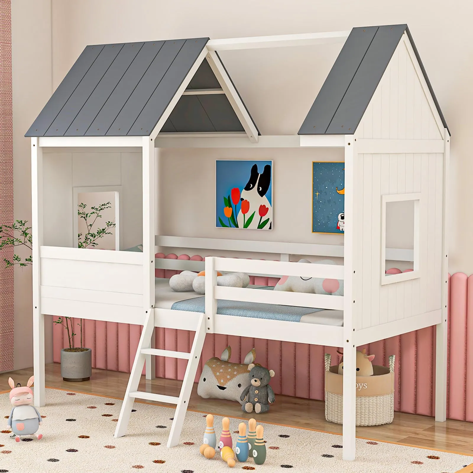 Giantex Twin House Bed Frame, Kids Low Loft Bed Frame with Roof bed frame, queen bed