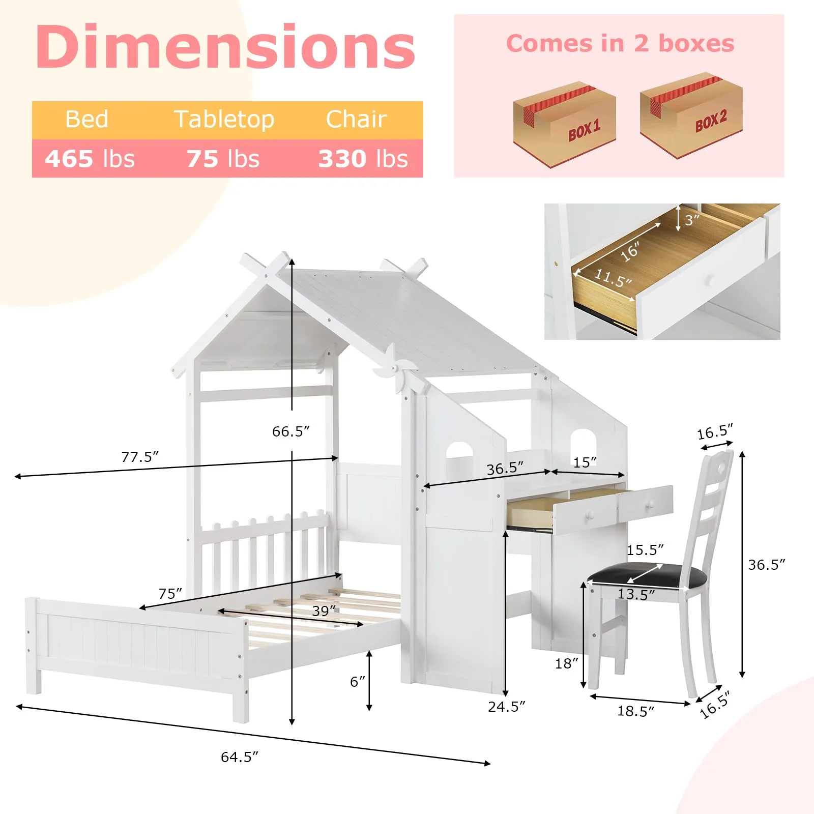 Giantex Twin House Bed with Desk & Chair, Wood Kids Playhouse Bed with 2 Drawers