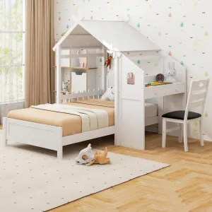 Giantex Twin House Bed with Desk & Chair, Wood Kids Playhouse Bed with 2 Drawers bed frame, queen bed