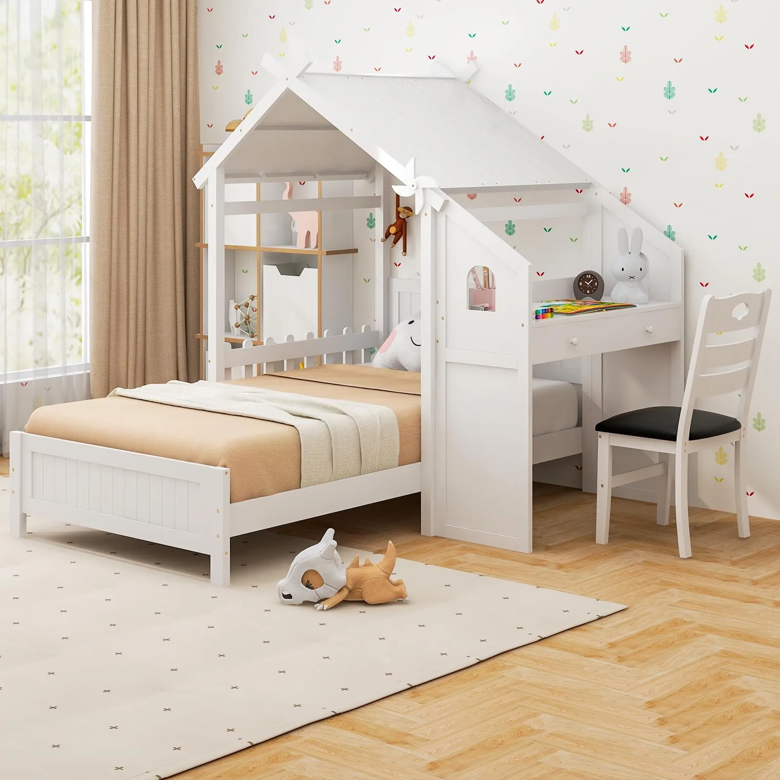 Giantex Twin House Bed with Desk & Chair, Wood Kids Playhouse Bed with 2 Drawers bed frame, queen bed