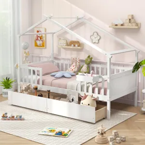 Giantex Twin House Bed with Drawers, Wooden Twin Bed Frame with Cube Storage & Fence Rails bed frame, queen bed