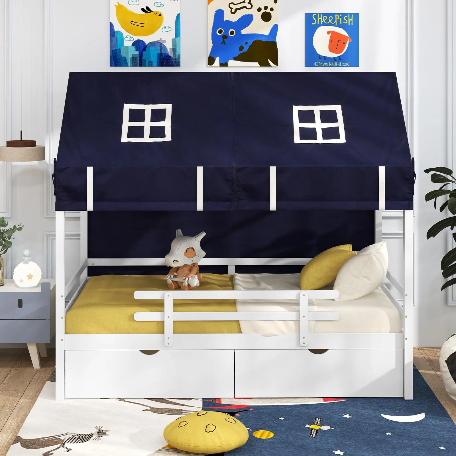 Giantex Twin House Bed with Tent, Wood Kids Bed with 2 Storage Drawers, Solid Wood Daybed Frame with Rails and Roof