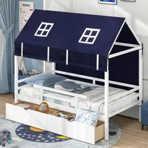 Giantex Twin House Bed with Tent, Wood Kids Bed with 2 Storage Drawers, Solid Wood Daybed Frame with Rails and Roof bed frame, queen bed