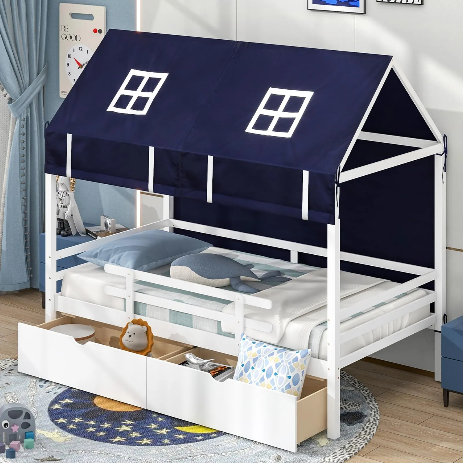 Giantex Twin House Bed with Tent, Wood Kids Bed with 2 Storage Drawers, Solid Wood Daybed Frame with Rails and Roof bed frame, queen bed