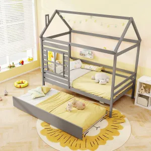 Giantex Twin House Bed with Trundle Bed Twin, Wooden Twin Bed Frames with Roof, Chimney & Window bed frame, queen bed