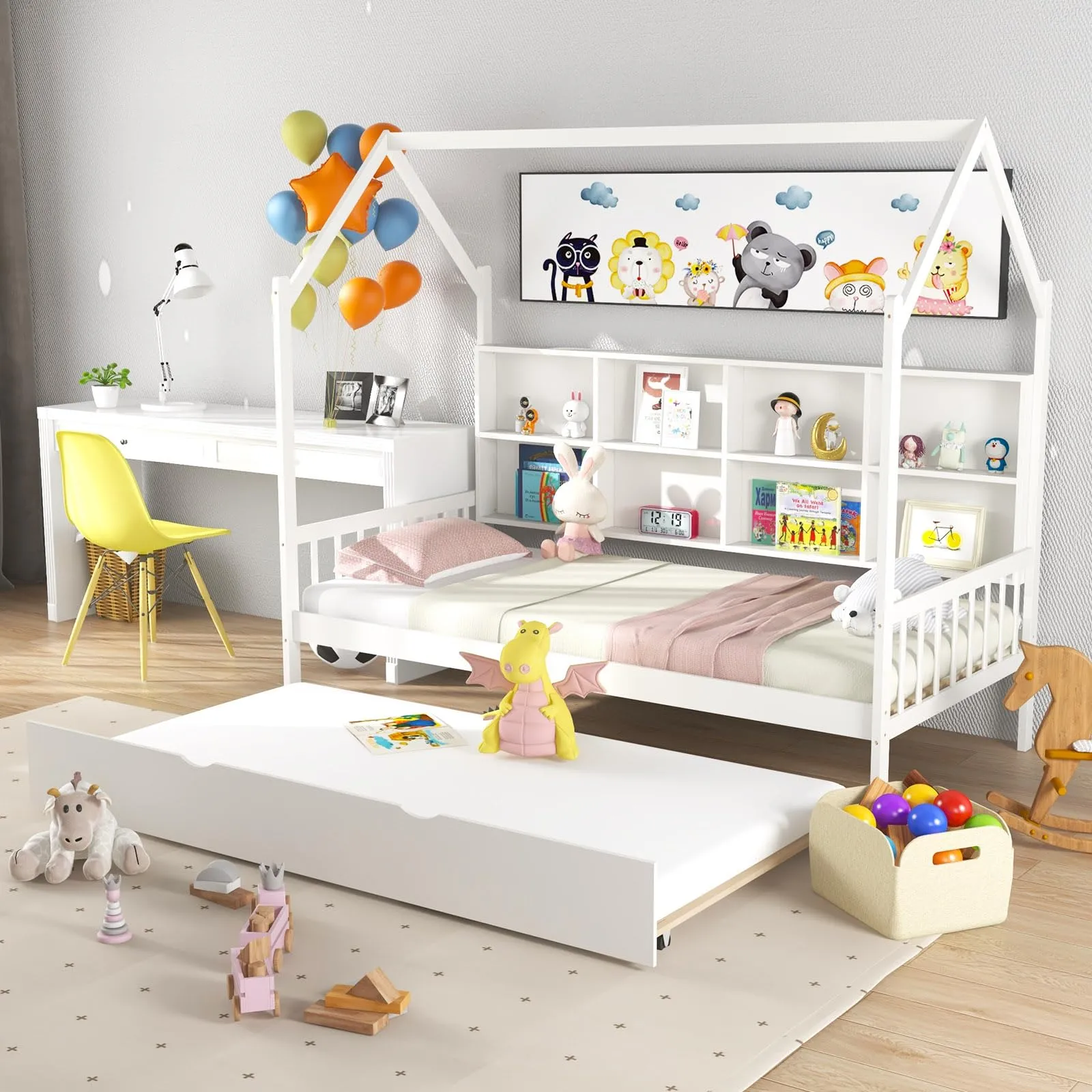 Giantex Twin House Bed with Trundle, Solid Wood Bed Frame with Roof & 8 Cube Bookcase
