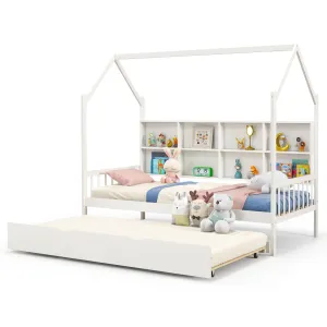 Giantex Twin House Bed with Trundle, Solid Wood Bed Frame with Roof & 8 Cube Bookcase bed frame, queen bed