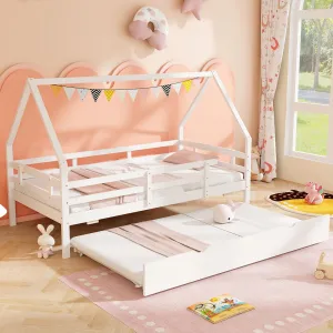 Giantex Twin House Bed with Trundle, Wood Kids Bed Frame with Roof & Fence Rails bed frame, queen bed