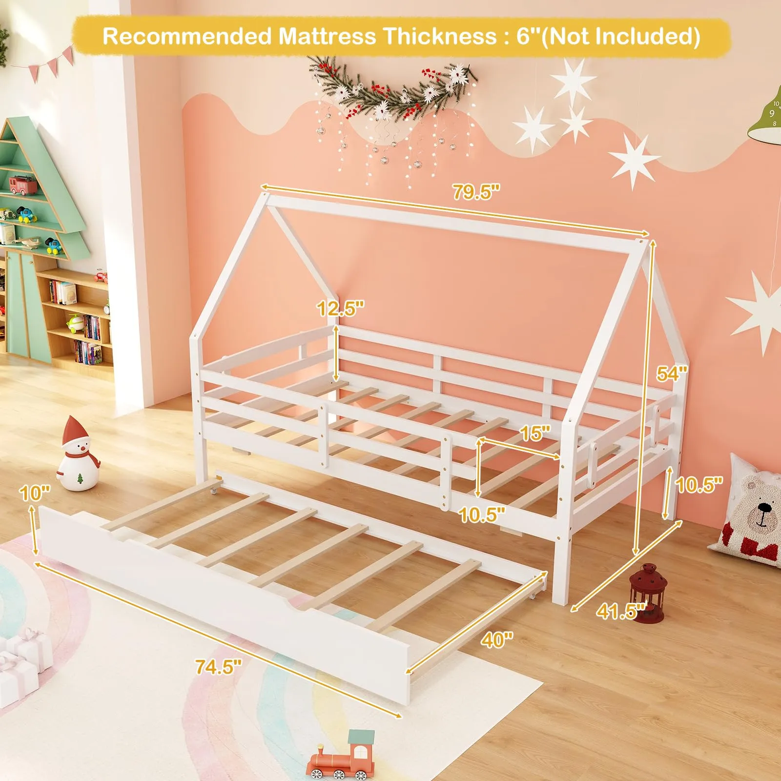 Giantex Twin House Bed with Trundle, Wood Kids Bed Frame with Roof & Fence Rails