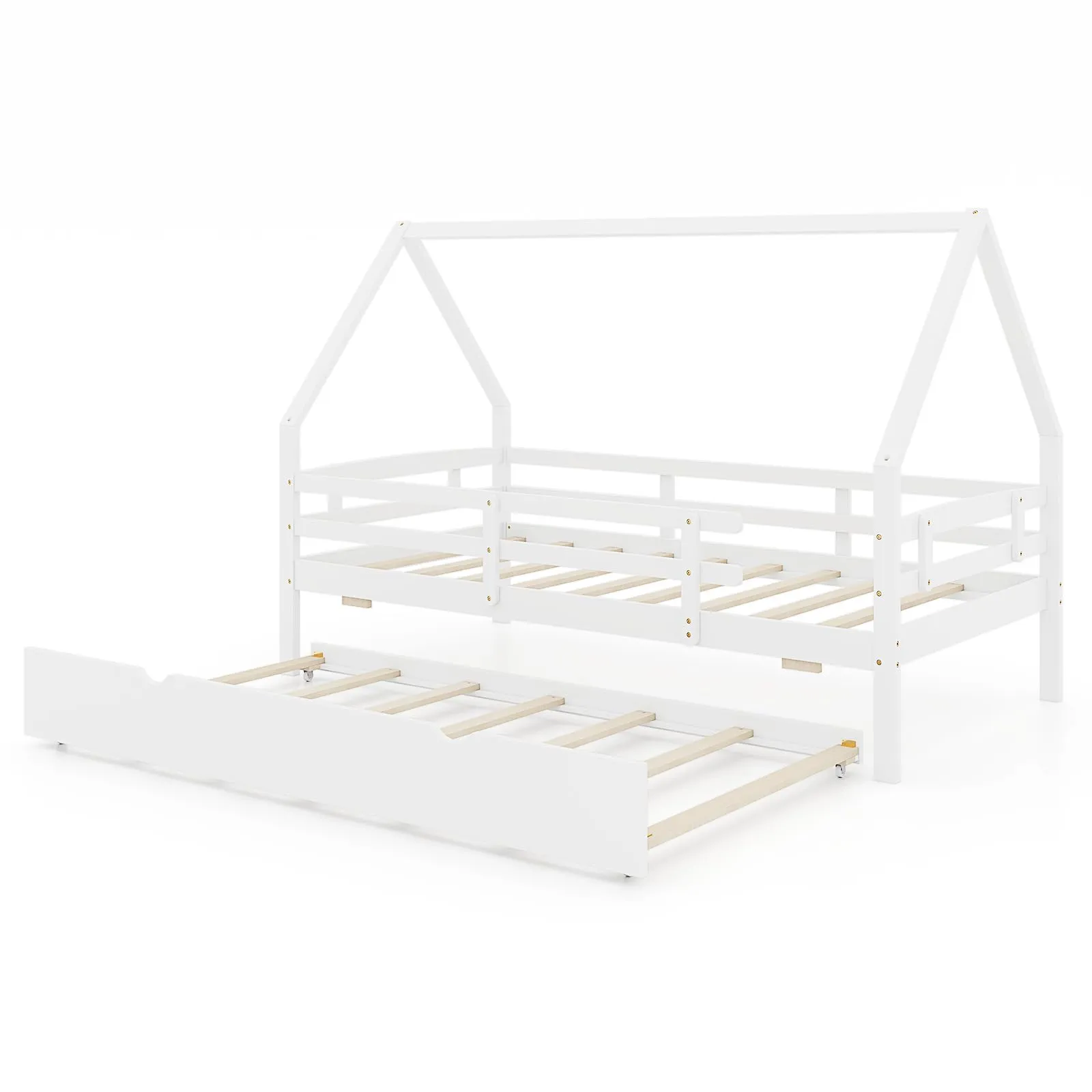 Giantex Twin House Bed with Trundle, Wood Kids Bed Frame with Roof & Fence Rails