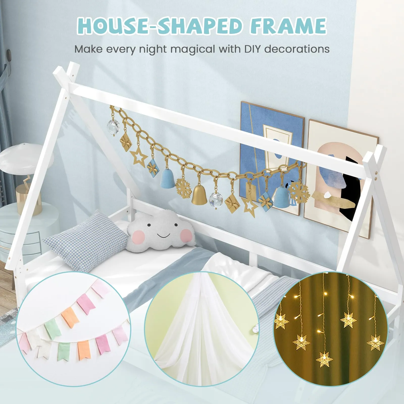 Giantex Twin House Bed with Trundle, Wood Montessori Tent Bed Frame with Safety Guardrail