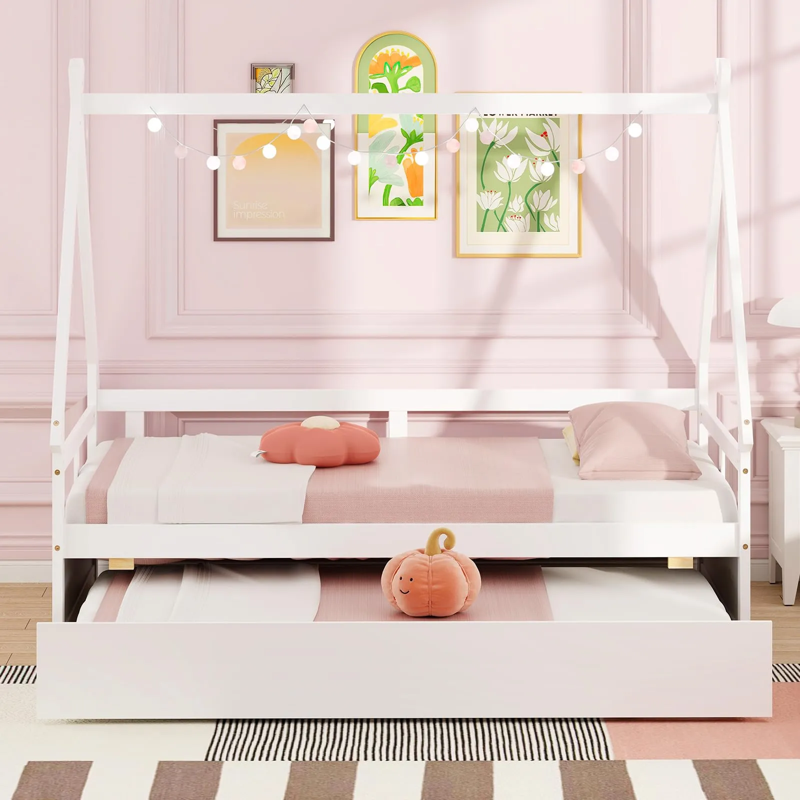 Giantex Twin House Bed with Trundle, Wood Montessori Tent Bed Frame with Safety Guardrail